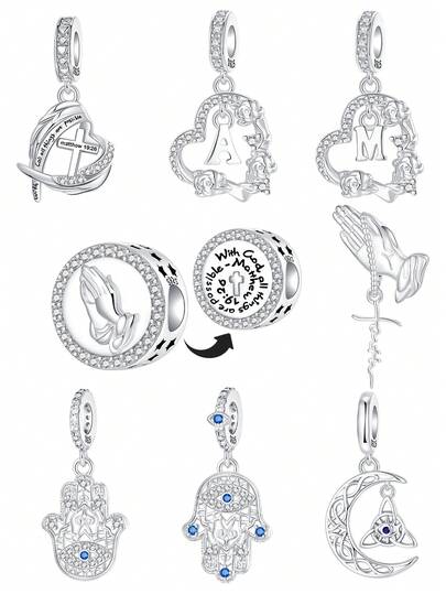 Silver Plated Religious Charms Prayer Hand Hamsa Initial Enamel Crystal Pendants For Bracelet Necklace Spiritual Jewelry Making Accessories Suitable For Bracelets DIY Women's Jewelry