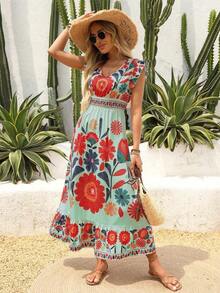 New Autumn Lightweight V-Neck All-Over Cute Leaf & Floral Print Bohemian Casual Pleated Ruffle Hem Waist Splice Maxi Dress, Suitable For Music Festivals, Women's Holidays, Country Music Concerts, Graduation, Parties, Back To School, Teacher's Day, Halloween, Christmas - 薄荷綠 - 查看 4