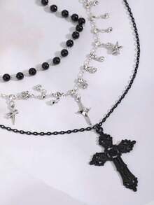 Bộ 3 món: Dây chuyền đính đá hình ngôi sao nhiều lớp thời trang, Dây chuyền choker mặt dây chuyền hình thánh giá cổ điển dành cho nữ - màu đen - Xem 6
