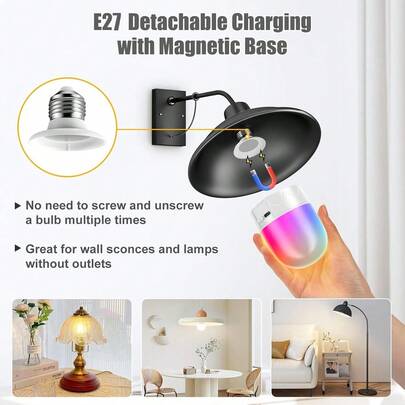 E27 Rechargeable Light Bulb, 3W Battery Powered Light Bulb With Magnetic Base Detachable, 9 RGB, 3 Color Temperature Dimmable And Timing Bulbs With Remote Control For Bedroom, Camping, 2 Pack