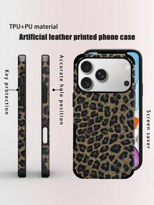 Cheetah,Leopard Print 1pc Glitter Leopard Pattern Faux Leather Shock-Resistant Soft Phone Case With Sound Enhancing Design, Suitable Compatible With Apple 17 Pro Max/16 Pro Max/16 Plus/13 Pro Max/14 Pro Max 13 14 11 12 Pro 11/15 Pro, Galaxy S24 Ultra, Holiday Gift - Black - View 1