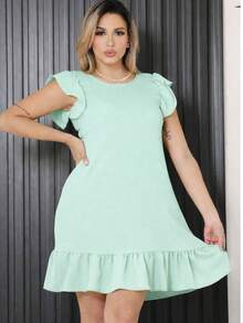 Plus Size Midi Dress, Fits Large And Small Sizes, With Ruffled Princess Sleeves, Puff Sleeves, And A Loose Fit, Dune Color. - Apple Green - View 1