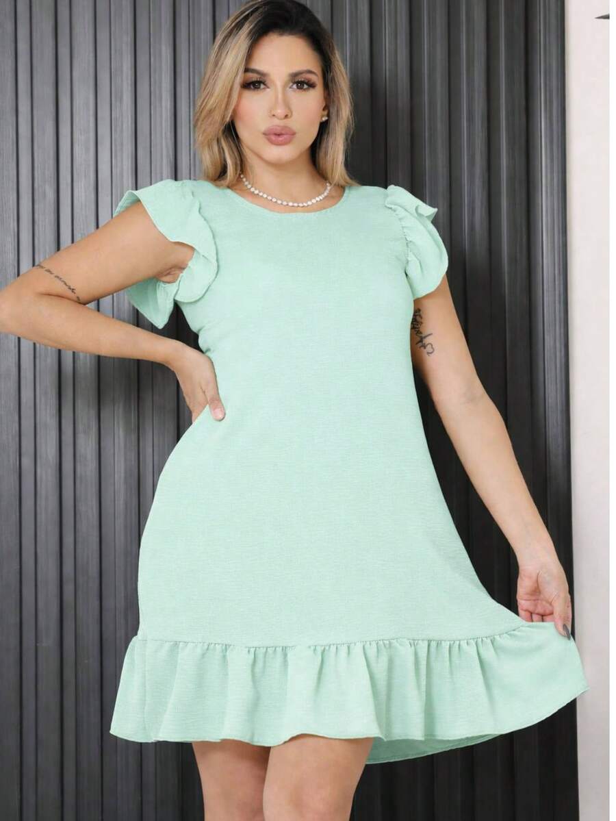 Plus Size Midi Dress, Fits Large And Small Sizes, With Ruffled Princess Sleeves, Puff Sleeves, And A Loose Fit, Dune Color. - Apple Green - View 1