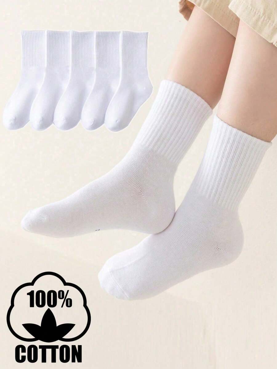 5双装纯棉儿童/青少年学生袜，日常休闲袜，足球运动中筒袜 - 白色 - 查看 1