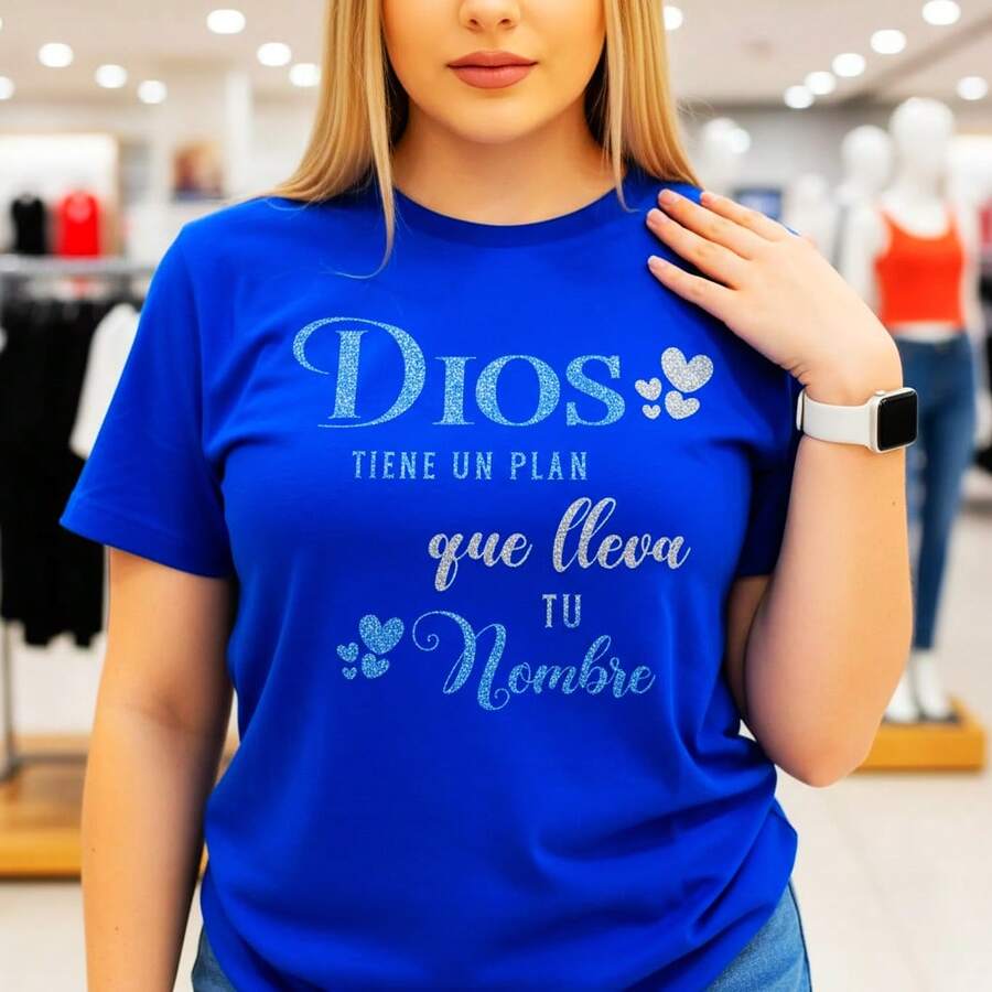 Women's Cotton Short Sleeve T-Shirt With "Dios Tiene Un Plan Que Lleva Tu Nombre" Glitter Print, Casual Crewneck Tee, S-5XL Sizes, Black Basic Top For Daily Wear,  Religious Graphic Tshirt - 藍色 - 查看 1