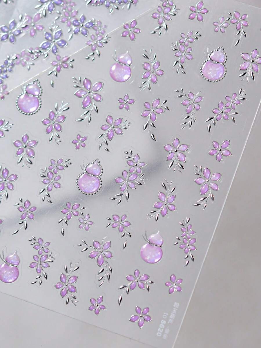 1pc Hot Stamping Pink Jade Gourd Blooming Petals Luxury Icy Sheer Nail Art Decor Stickers 5D Opulent Oriental Nail Decals Self-Adhesive Manicure Accents For Women Nail Supplies - Multicolor - View 1