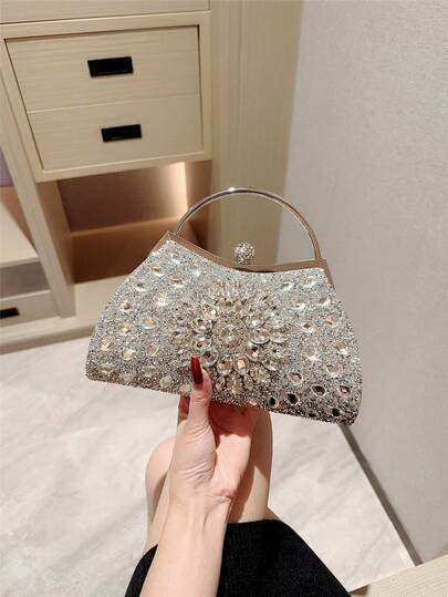1pc Moonlit Eve Bag, Luxury Diamond Decorated Elegant Evening Clutch With Metal Handle Clasp, Fashion Handbag For Women, Suitable For Formal Parties, Weddings, Banquets, An Ideal Gift - Valentine's Day