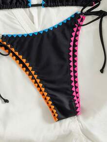 PEPPERMOLLY Bộ bikini hai mảnh màu đen dành cho nữ - Bộ đồ bơi họa tiết hình học tương phản nổi bật với quần bơi buộc dây bên hông, đồ bơi gợi cảm cho kỳ nghỉ biển, tiệc bể bơi và các buổi tụ họp mùa hè. - màu đen - Xem 7
