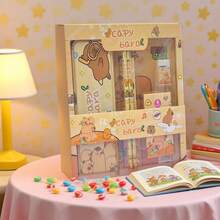 Juego de papelería infantil (incluye estuche): 5 piezas de papelería con dibujos animados (lápiz, borrador, sacapuntas, regla y cuaderno) | Ideal para la vuelta al cole, regalos y tareas escolares. - Caqui - Ver 6