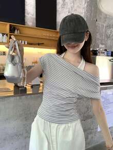 撞色条纹露肩褶皱二合一设计优雅短袖上衣 - 藍色條紋 - 查看 8