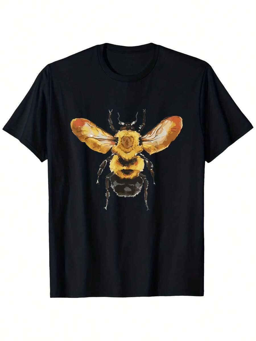 Camiseta de algodón de 180 g de peso pesado para hombre - Camiseta negra con gráfico de abeja en amarillo y marrón llamativo - Camisa de cuello redondo de corte regular para atuendos casuales y formales - Tallas S-XXXL - I para uso diario y especial - Negro 14 - Ver 1