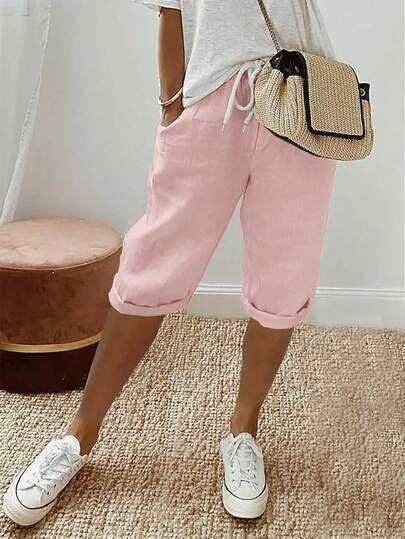 Jisfaneya Solid Color Elastic Waist Drawstring Pocket Pleated Fabric Pink Straight Leg Pants, Versatile For Vacation, Casual, Home Wear, Spring/Summer Cropped