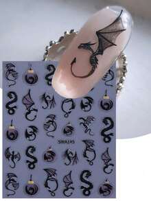 2 Sheets Shiny Black Dragon Nail Art Stickers, Halloween Dinosaur Pterodactyl Bat Gothic Style Nail Decals, Self-Adhesive, Suitable For Acrylic Nails, Nail Art Decoration - 黑色 - 查看 3