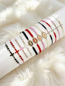 多件套圣母玛利亚手链，女士/女孩水晶十字架手链，人造水晶串珠手链，墨西哥手链，手工编织手链套装，时尚首饰，女士叠戴手链，手链吊坠配饰，手链套装，Y2K手链，可调节手链，串珠手链，女士手链绳，女士首饰配饰，友谊手链，情侣手链 - 十字架款 - 查看 10