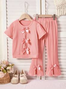 2件套女童甜美罗纹蝴蝶结装饰套装 - 短袖上衣+喇叭裤，松紧腰，蝴蝶结袖口，适合生日派对、日常休闲穿着、春夏 - 粉色 - 查看 1