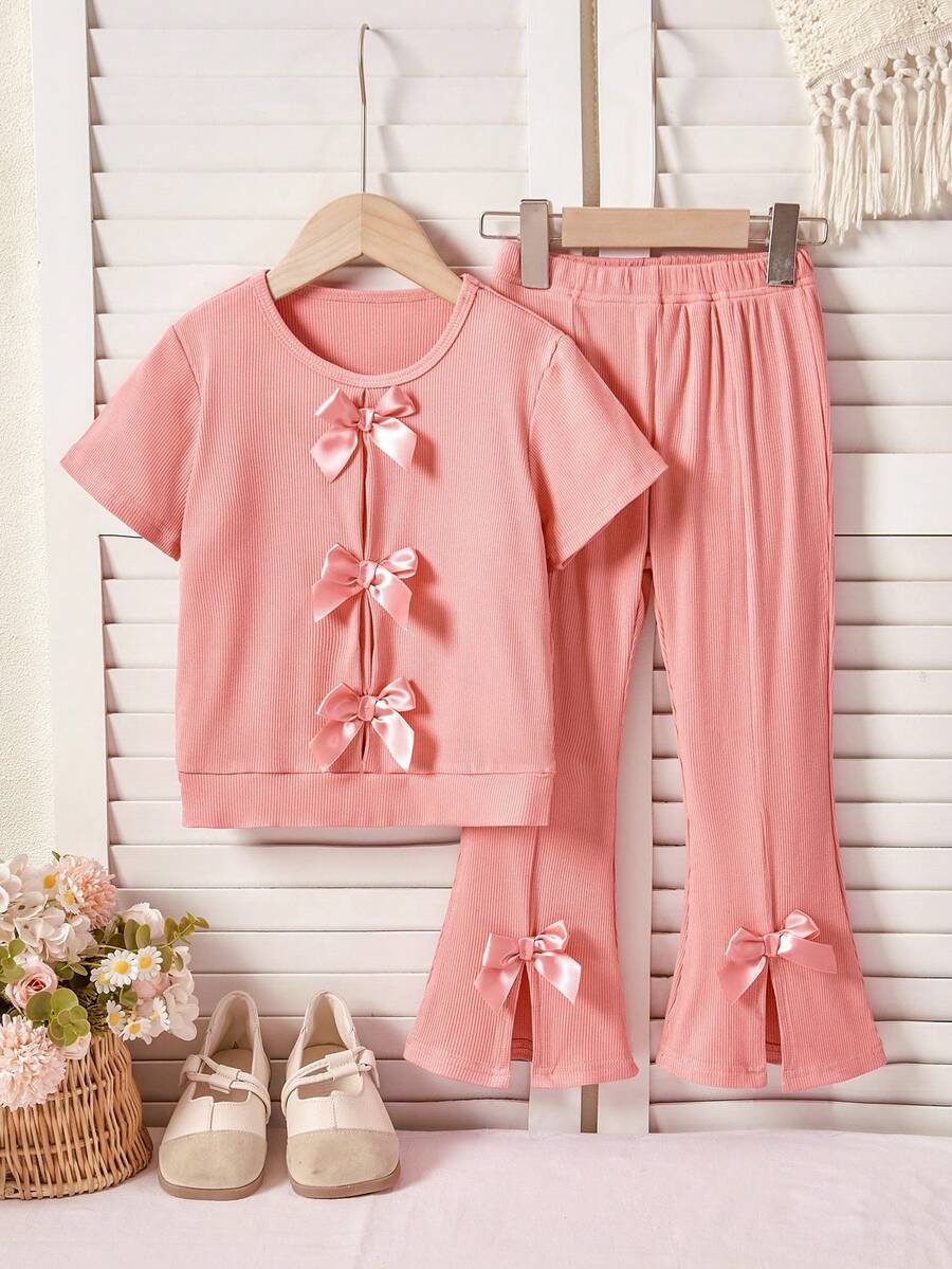 2件套女童甜美罗纹蝴蝶结装饰套装 - 短袖上衣+喇叭裤,松紧腰,蝴蝶结袖口,适合生日派对、日常休闲穿着、春夏 - 粉色 - 查看 1