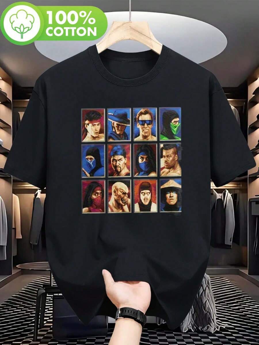 Heavyweight 180Gsm Mortal Combat Black T-Shirt  Printed O-Neck Men'S Tee With 2D Fighting Game Characters, Loose-Fit Round-Neck, Short Sleeve - phong cách - Xem 1