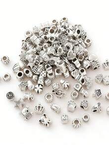 10/30/50/60/80/100/200/300/500/1000pcs Vintage Silver Acrylic Carved Large Hole Beads, Suitable For DIY Bracelet Necklace Jewelry Making Accessories - Silver - View 9