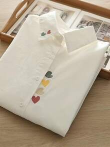 Women's Heart Embroidery Button-Front Shirt - White - View 2