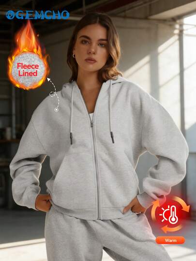 GEMCHO Women's Casual Loose Open Front Drawstring Hooded Sweatshirt Jacket With Pockets, Suitable For Daily Commute/Casual Outings/Home/Workout, Warm And Comfortable - Autumn/Winter