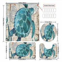 1/4-Piece Bathroom Set With Turtle And Starfish Pattern, Waterproof, Machine Washable, Includes Hooks, Ocean-Themed, Suitable For All Seasons. - A - View 3