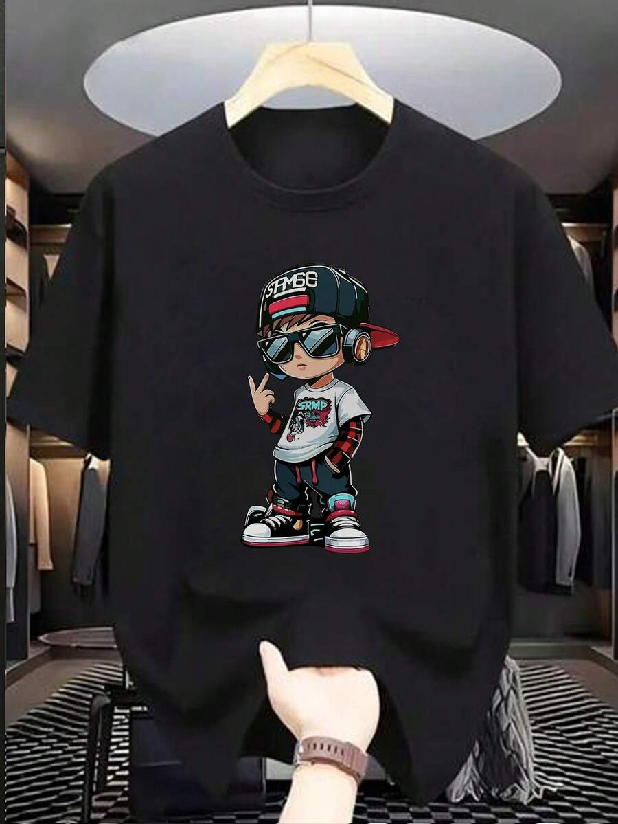 Boys & Teen Students' Casual Graphic Print Round Neck Short Sleeve T-Shirt, Summer Top - Black - View 1