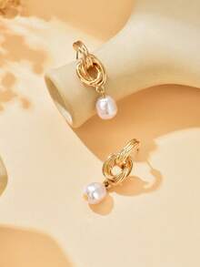 1 Pair Fashionable Faux Pearl Twist Knot Hoop Earrings, Suitable For Parties And Daily Wear - Multicolor - View 5