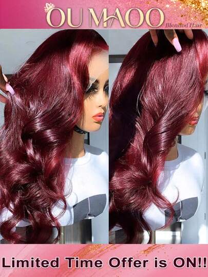 Brazilian Virgin Human Blended Hair Body Wave 13x4 13x6 5x5 HD Lace Closure Wig - 200% High Density Pre-Plucked With Bleached Knots & Baby Hair Glueless Wig , 99j Burgundy Color, No Glue & Ready To Wear, Luxuriously Full & Natural Look For Everyday Style