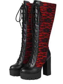 Women's Gothic Chunky Heel Boots Y2K Lace Up Knee High Boots Vintage Floral Lace Round Toe Platform Heel Cosplay Boots For Vacation Outfits - 紅色 - 查看 5