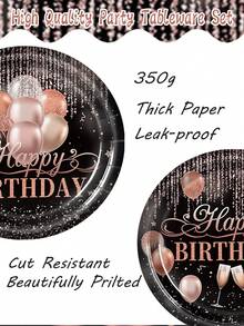 168pcs Rose Gold-Themed Birthday Party Tableware Set, Paper Plates Made Of 350g Thick Paper, Black Paired With Rose Gold Balloons, Making The Party More Exquisite, Can Serve 24 Guests At The Same Time - Nhiều màu - Xem 4