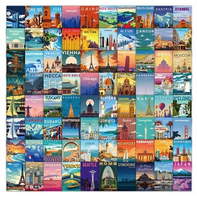 108枚风景邮票 - 复古风格装饰，适用于日记本、信封和收藏