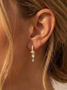 1pc Sparkling Mixed Chain Pendant Cubic Zirconia Teardrop Earrings, Women's Party Gift, 925 Sterling Silver, Cool Creative Design, Charming Exquisite Jewelry - Yellow Gold - View 2