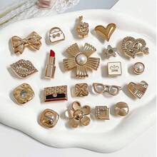 20件套时尚鞋花配件 DIY蝴蝶结爱心鞋饰串珠，适用于木屐、沙滩包、节日和假期、情人节礼物 - 金色 - 查看 7