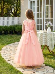 Flower Girls Vintage Lace Wedding Maxi Dress Floor Length Bridesmaid Party Long Pageant Princess Communion Boho Dance Gown - 粉色 - 查看 2