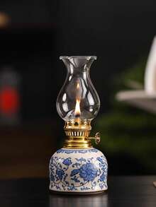 1pc Ceramic Blue & White Floral Vine Oil Lamp With Lamp Shade, Adjustable Wick Camping Fuel Lamp, Indoor Ceramic Oil Lamp Candle Holder, Kerosene Lamp With Wick, Oil Lamp/Hurricane Lamp With Flame Control Knob - 1PC - View 2