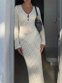 春夏度假奶油白镂空菱形针织V领长袖钥匙孔镂空修身短款上衣 - 米色 - 查看 5