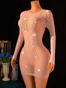 Women's Sexy Lingerie Seductive Mesh Rhinestone Dress Back Cutout See - Through Mini Dress Club Party Intimate Lingerie - Pink - View 3