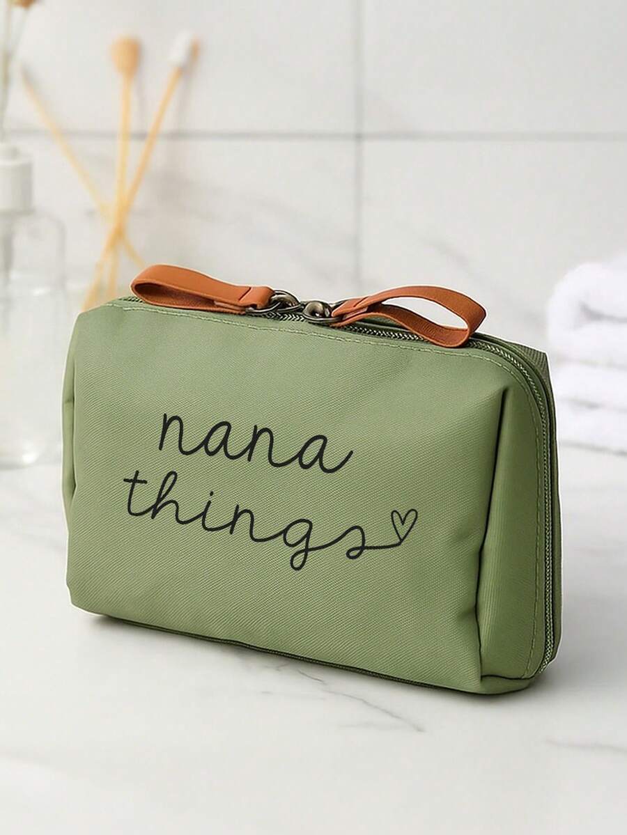 Nana Things Elegant Handwritten "Nana Things" Heart-Shaped Cosmetic Bag, Black With White Letters, Women's Portable Travel Organizer, Handmade Quality, Best Mother's Day Christmas Gift For Friends And Grandmothers Makeup Bag Toiletry Bag Skincare Bag Wash Bag Toiletry Travel Bag Vacation Essentials For Women Travel Bags For Women Large Capacity Bag - Multicolor - View 1
