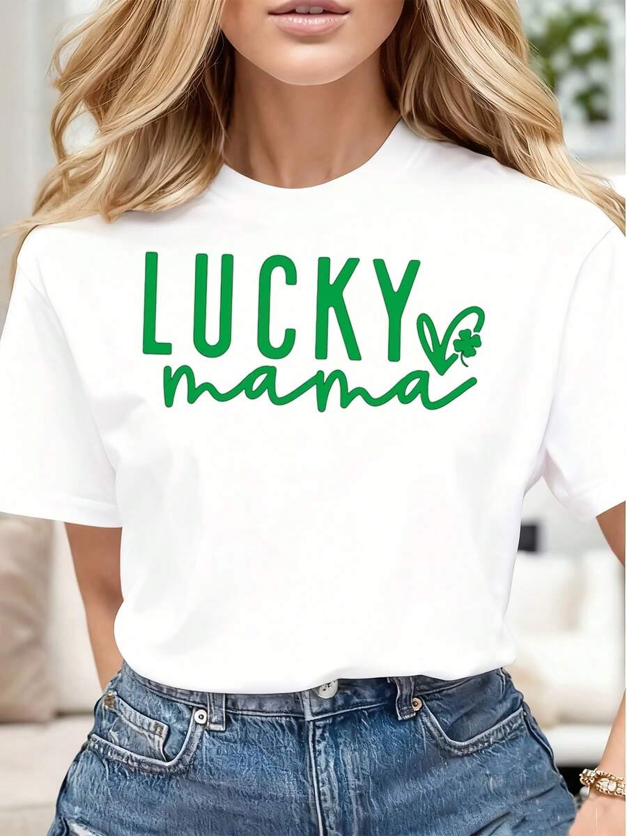 Lucky Mama Green Clover Print Women Casual T-Shirt Soft Comfortable Gift For St Patricks Day - 白色 - 查看 1
