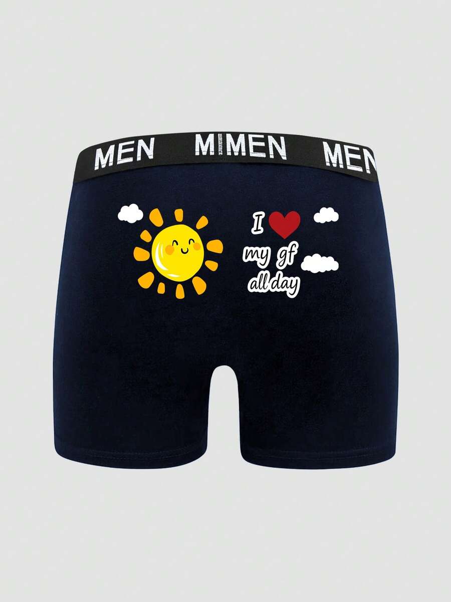 男士极简休闲平角内裤，性感太阳字母印花弹力腰带内裤 - 藍色 - 查看 1