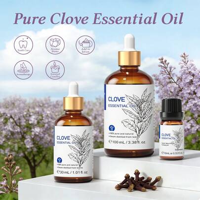  HIQILI丁香精油，纯天然花香，100毫升/30毫升/10毫升，用于维护牙龈健康、改善口腔清新、增加头发光泽，可用于香薰机、加湿器、按摩、护肤、洗发、沐浴露、DIY香水。