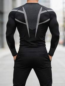 1pc Men's Compression Fitness Shirt - 3D Muscle Support Moisture Wicking Sports Top, Breathable High Elasticity Performance T-Shirt Suitable For Gym, Running And Casual Wear, Long Sleeve With Printed Design - Black - View 2