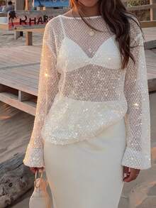 Doriss Vacation Style 两件套露肩泡泡袖网纱亮片透视上衣和半裙套装，适合返校、度假、派对、舞会等场合，做工精致，是夏季女士服装、音乐会服装、早午餐服装、婚礼宾客礼服的理想之选，充满波西米亚风情。 - 杏色 - 查看 6