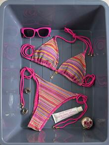 Women's Summer Beach Patchwork Halter Tie Sexy Bikini Swimwear Set - Hot Pink - View 7