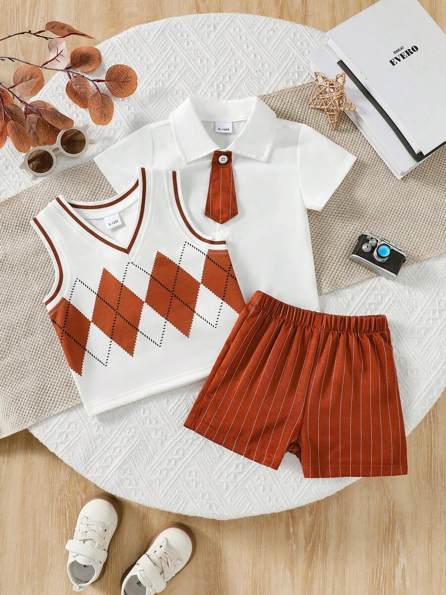 3pcs/Set Baby Boy 1st Birthday Outfit, College Style Shirt, Vest And Shorts Set, Summer Baby Birthday Photography Clothes, Casual Outdoor Wear - Multicolor - View 1