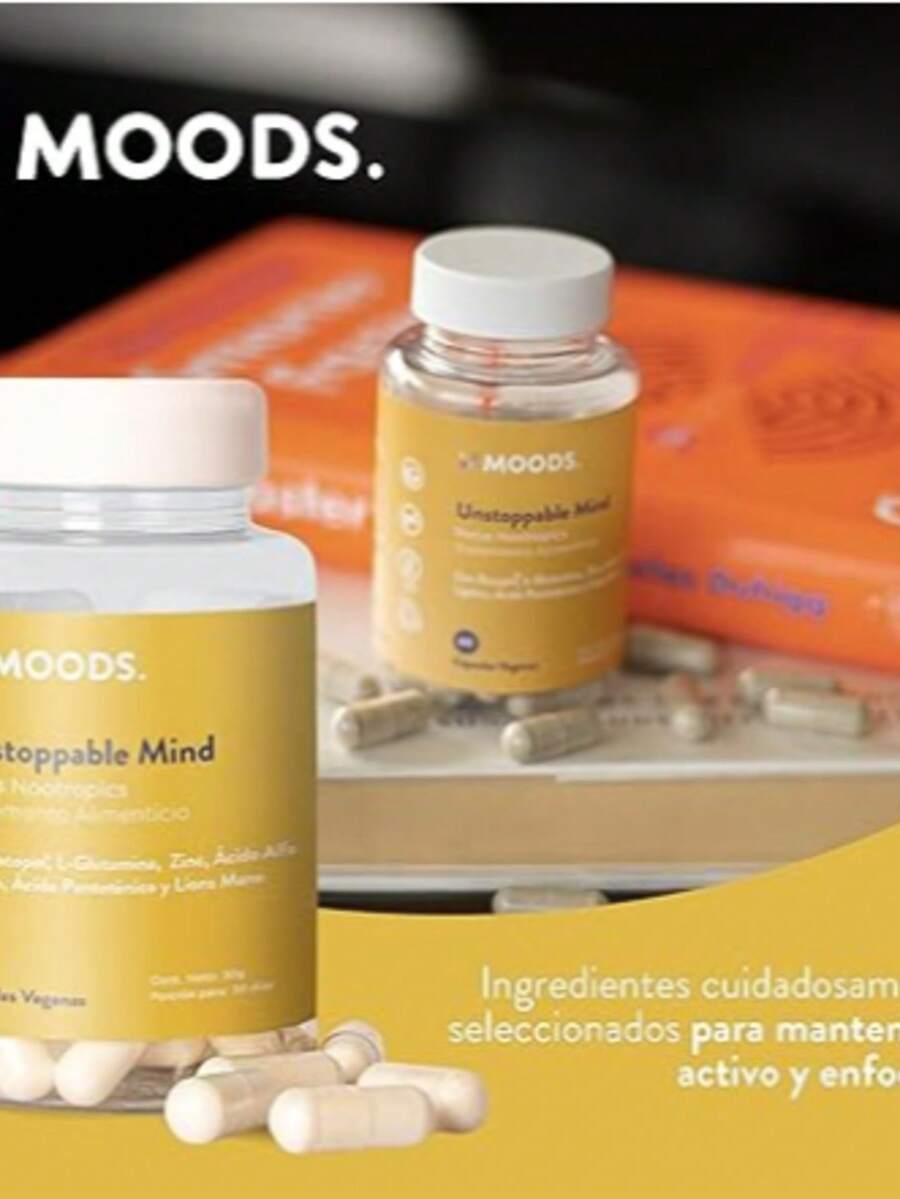 Moods | Nootropico para la Mente con Melena de León, Bacopin, L-Glutamina, Ácido Alfa Lipoico y Zinc - Suplemento natural para Concentracion, Memoria y Agilidad Mental - 60 Cápsulas Veganas - Unstoppable Mind - Mostaza Amarilla - Ver 1