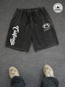 男士新款水洗复古短裤，街头风优质纯棉Emo图案黑色水洗短裤，休闲酷炫日常穿搭，英文印花水洗短裤，百搭黑色纯棉水洗短裤，Y2K风格，适合日常穿着 - 黑色 - 查看 2