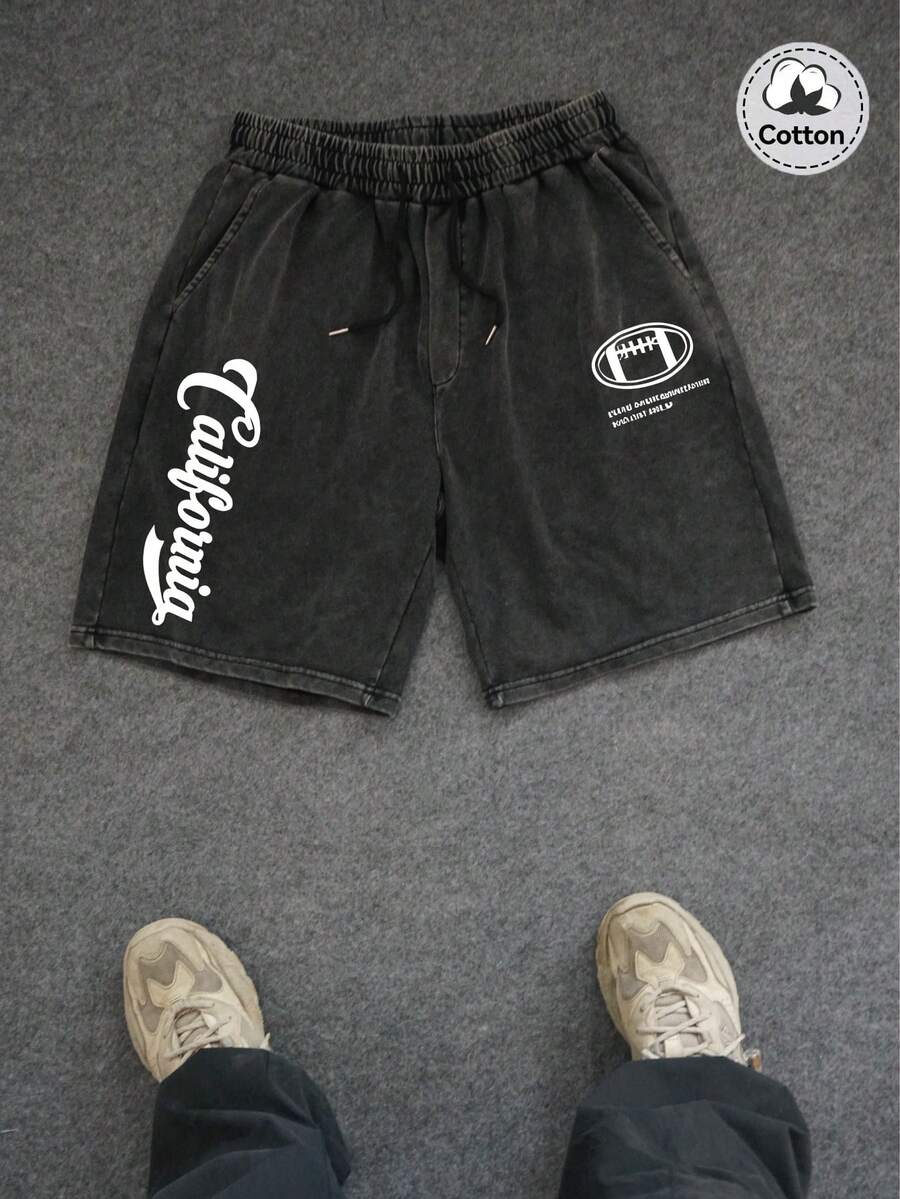 Pantalones cortos de hombre con lavado vintage, pantalones cortos negros con lavado y estampado de patrón emo de calidad de estilo callejero, pantalones cortos de algodón lavado con estampado en inglés, pantalones cortos de algodón negro lavado con estampado versátil, estilo Y2K, adecuados para uso diario - Negro - Ver 1