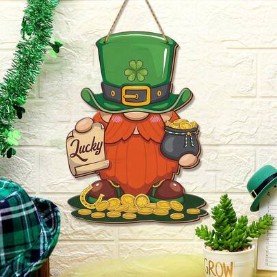 1件圣帕特里克节门牌装饰，乡村风格圣帕特里克节标志，幸运小妖精木质悬挂式墙牌，春季家居前门门廊装饰