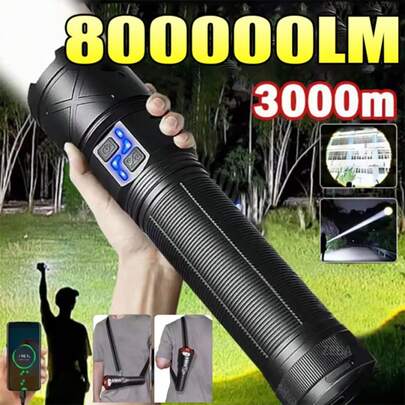 800000LM Linterna LED súper grande, linterna táctica recargable de alto poder con zoom, luz portátil de mano con correa para el hombro, adecuada para camping al aire libre, pesca y otras escenas, luz de mantenimiento a prueba de agua para patrulla